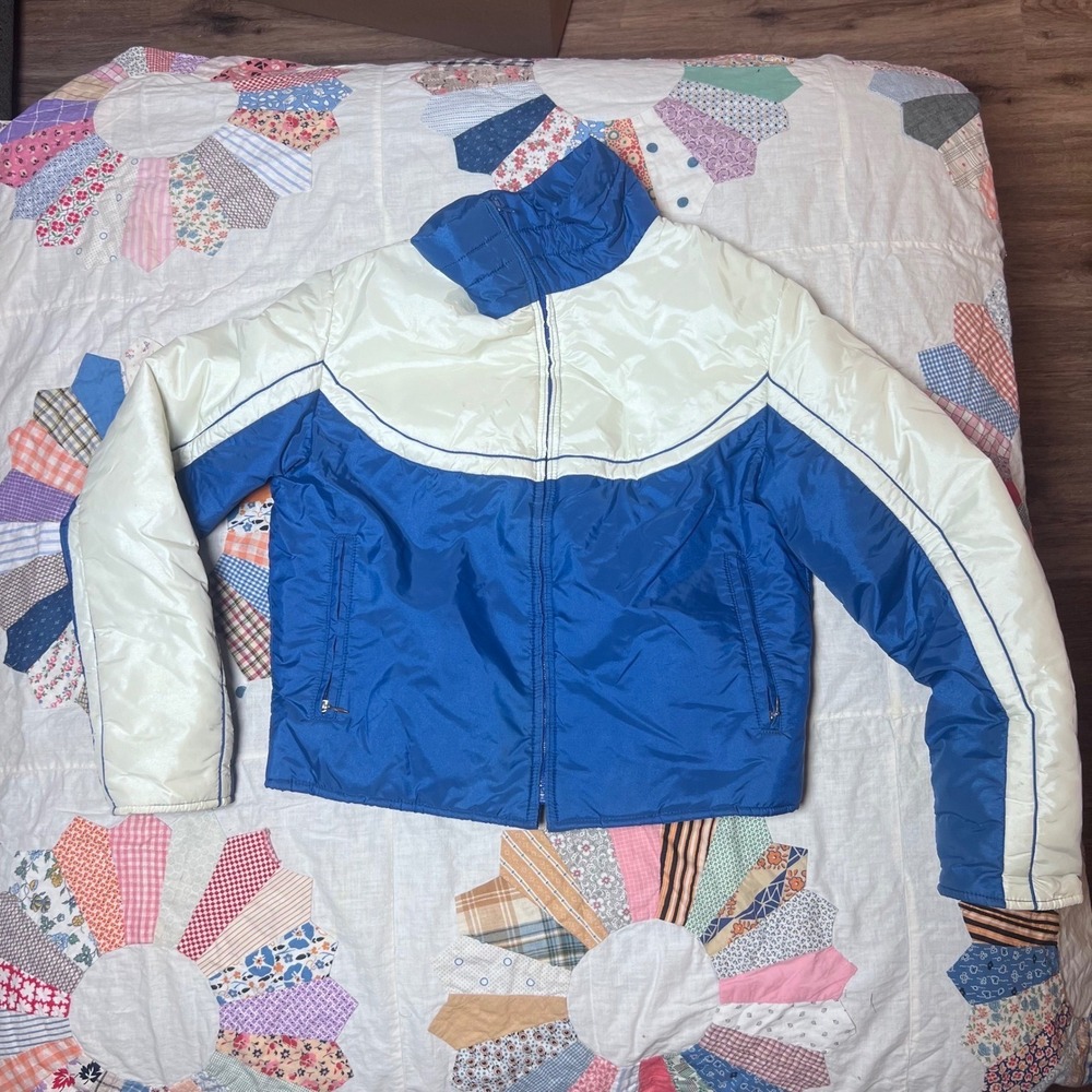 Vintage Woolrich Down Puffer Jacket Blue Cream Colorblock Kids Large 70s 80s
